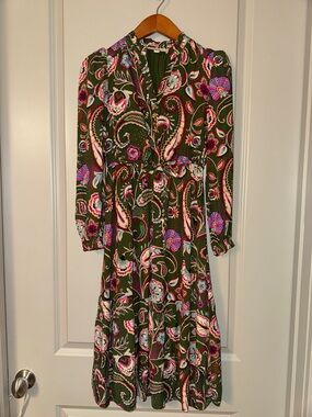 LOFT Olive Green Paisley Long-Sleeve Midi Dress XSP
